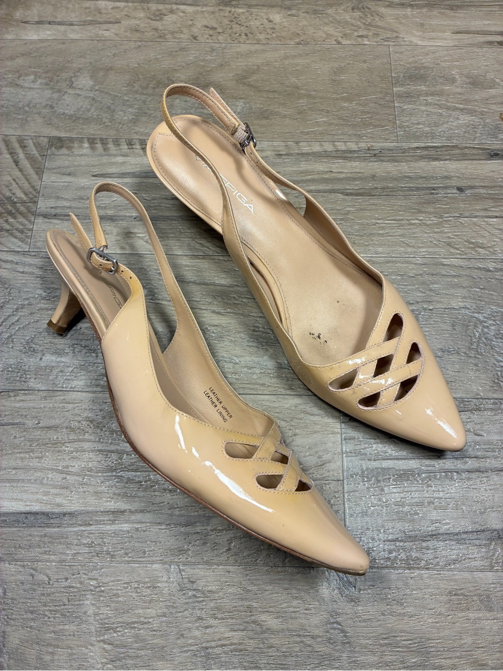 Via Spiga Italy Patent Leather Pointy Cut Out Slingback Kitten Heels